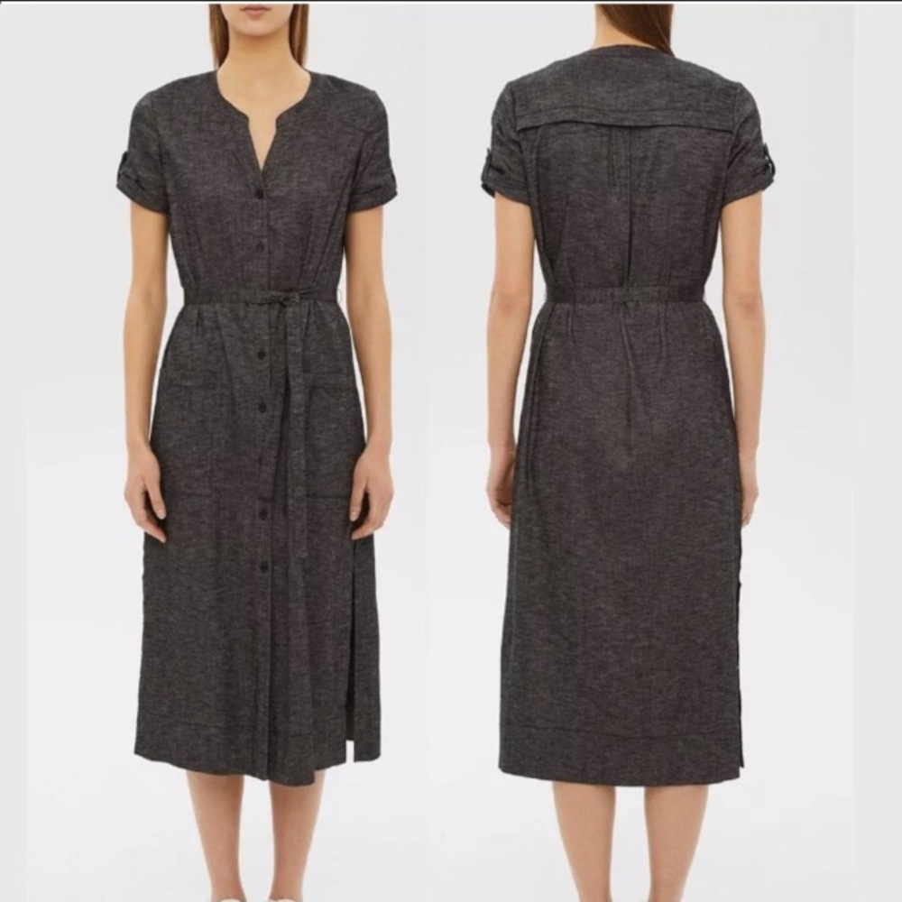 Theory Rolled Sleeve Shirtdress Midi Linen Blend Sz 4 Tierra Wash Dark Denim